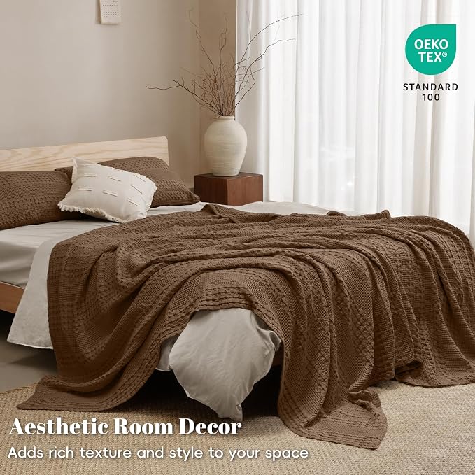 PHF 100% Cotton Waffle Weave Blanket Queen Size, Lightweight Breathable Summer Blanket for Hot Sleepers, Pre-Washed Soft Layer for Bed, Couch, Aesthetic Home Decor & Gift, 90"x90", Chocolate