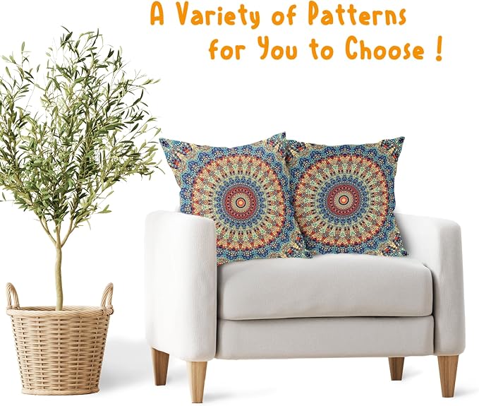 Boho Mandala Floral Pillow Covers 22X22 Inch Set of 2 Navy Blue Orange Abstract Flower Decorative Pillow Cases Colorful Retro Ethnic Cotton Linen Cushion Case Home Decor For Sofa Couch Porch Outdoor