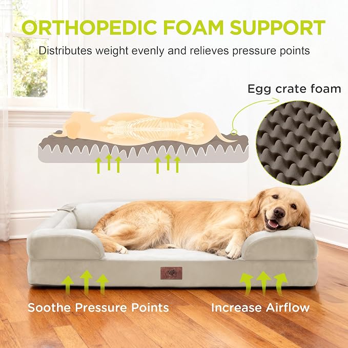 Waterproof Orthopedic Dog Bed for Extra Large Sized Dogs | Memory Foam Pet Bed Sofa with Bolster, Dog Couch with Washable Cover & Non-Slip Bottom, 48x30 Inch, Beige