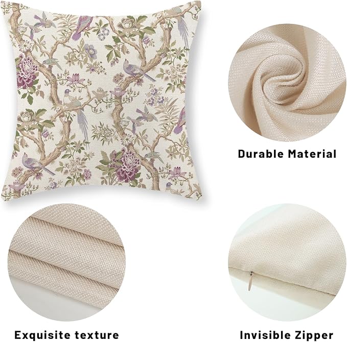Chinoiserie Pillow Covers 24x24 Set of 2 Purple Green Floral Bird Throw Pillows Vintage Flowers Bird Decorative Pillow Cases Outdoor Chinoiserie Decor Farmhouse Cushion Case for Couch Sofa