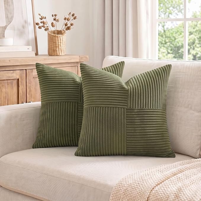 Fancy Homi Olive Green Decorative Throw Pillow Covers 20x20 Inch for Living Room Couch Bed Sofa, Rustic Farmhouse Boho Home Decor, Soft Corss Corduroy Patchwork Accent Cushion Case 50x50 cm