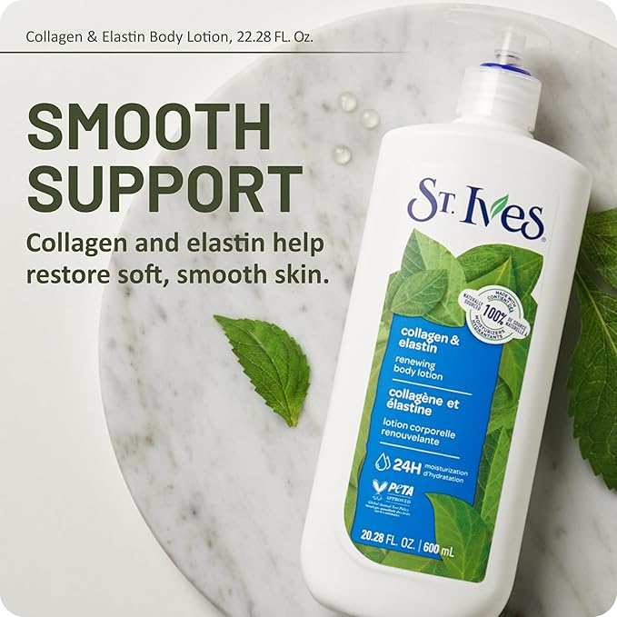 St. Ives Renewing Hand & Body Lotion for Women with Pump, Daily Moisturizer Collagen Elastin for Dry Skin, Made with 100% Natural Moisturizers, 21 fl oz, 4 Pack