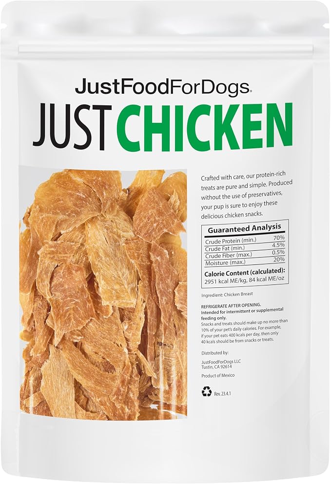 JustFoodForDogs Single Ingredient Healthy Dog Treats - Chicken Breast, 18Oz | Human Grade Chicken Treats for Dogs, Jerky Dog Snacks, Preservative & Grain Free, Rawhide Free Chews, Low Calorie Treat