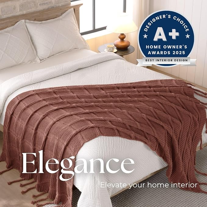 Boho Knitted Chenille Blanket with Tassels - Lightweight & Soft All-Season Throw - 3D Classic Pattern for Living Room Bedroom Couch, Clay Brown, Throw 50"x60"