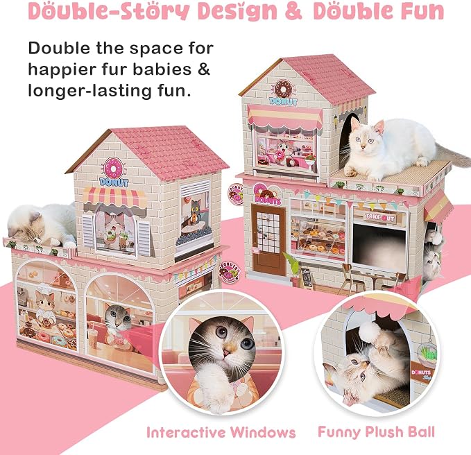 Cardboard Cat Houses for Indoor Cats Kitten Scratcher Houses Donuts Themed | Cat Condos Hut Hideout Play House Bed with Scratching Pads, Scratch Box for Large Kitty Rabbit Bunny Small Animals