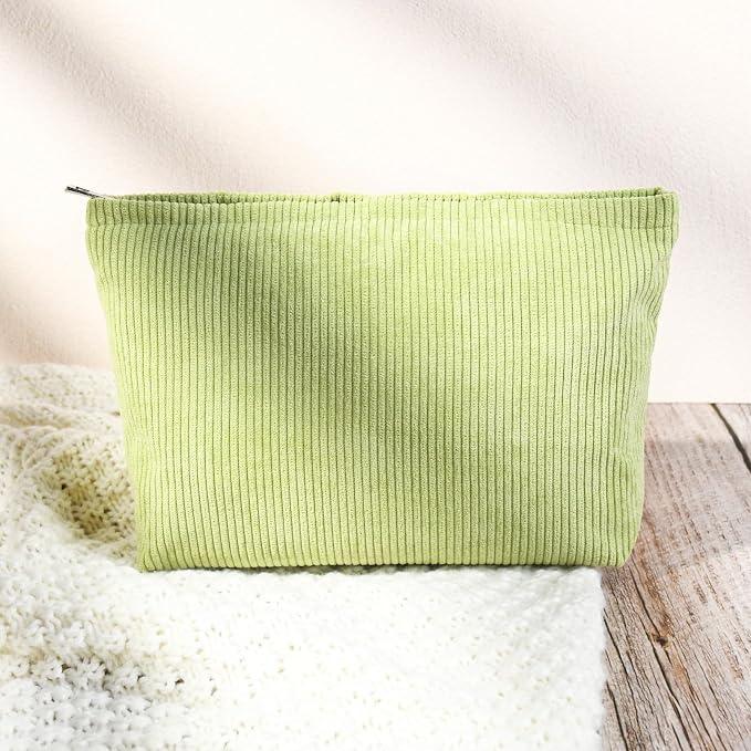 SOIDRAM 2 Pcs Corduroy Makeup Bag Large Cosmetic Bag Toiletry Bag Makeup Pouch Travel Bag Organizer Cute Makeup Brushes Aesthetic Accessories Storage Bag for Women Light Green