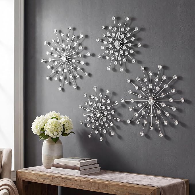 ZEXUIRU 4 Set Silver Starburst Wall Art for Home Decor Metal Bling Crystal Rhinestones Sunburst Wall Decor Sparkling Rhinestone Art Accent Silver - 13 in