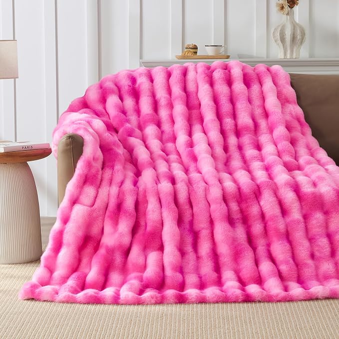 Luxury 1000GSM Rabbit Faux Fur Blanket, Super Warm Cozy Brown Blankets for Couch Bed Sofa, Ruched Plush Fuzzy Elegant Soft Reversible Mink Blanket Living Room Bedroom, 50" x 60",Rose Pink
