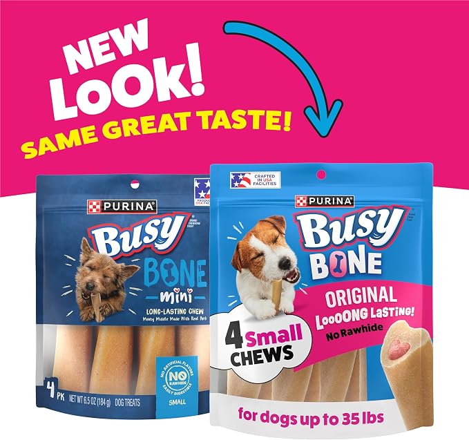 Purina Busy Bone Adult Small Dog Chew Treats, Original, (8) 4 ct Pouches | Rawhide free chew with a real meat center for small dogs up to 35 lbs, long lasting chew that helps clean teeth