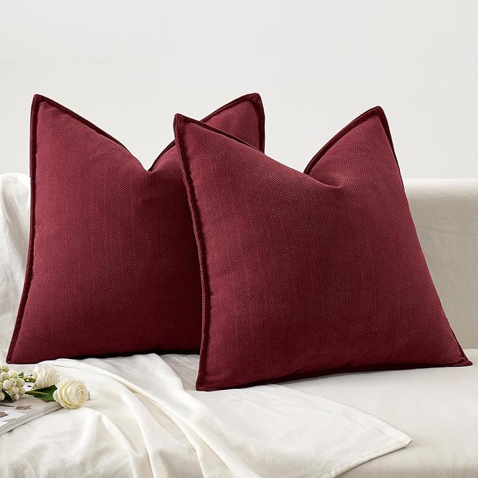 MIULEE Pack of 2 Burgundy Decorative Chenille Pillow Covers 18x18 Inch | Soft Couch Throw Pillows,Farmhouse Cushion Covers with Elegant Design for Sofa,Bedroom,Living Room,Spring Home Decor