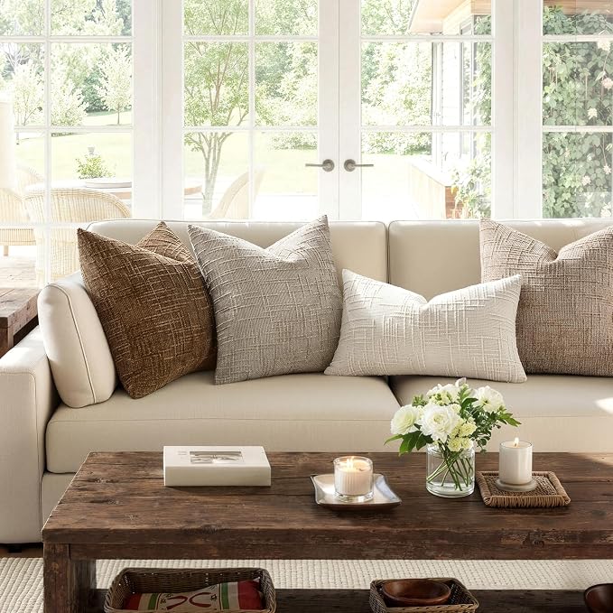 MIULEE Chenille Textured Throw Pillow Covers Light Brown 18x18 Set of 2 | Slubby Decorative Pillows, Boho Farmhouse Home Decor, Modern Neutral Cushion Covers for Couch Sofa Bed Living Room