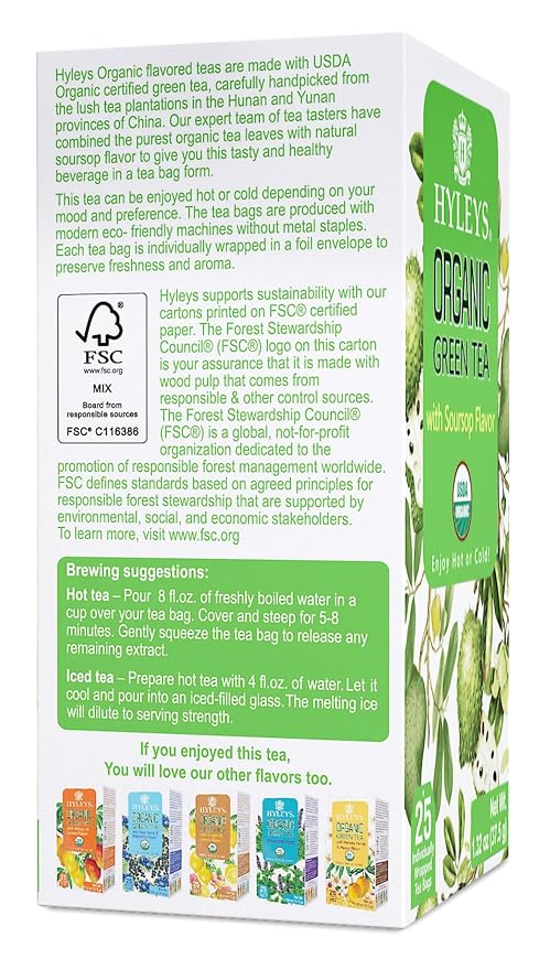 HYLEYS Organic Green Tea with Soursop Flavor, 300 Individually Wrapped Tea Bags (12 Pack of 25) - USDA Organic Graviola Guanabana Tea with Light Caffeine