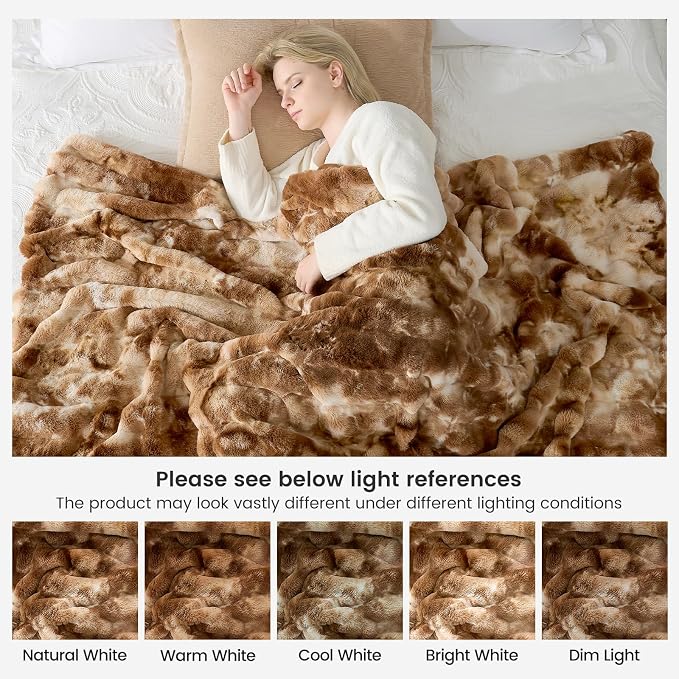 Cozy Bliss Deluxe Striped Rabbit Faux Fur Throw Blanket, Soft Fluffy Warm Plush Blanket for Winter, Modern Homr Decor, Tie-dye Brown 50"x60"
