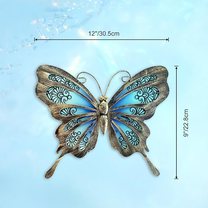 LIFFY Metal Butterfly Wall Decor,2Pack 12" Hanging Glass Butterfly Outdoor Decor,Garden Decorative Ornaments Outside for Home,Yard,Fence,Patio