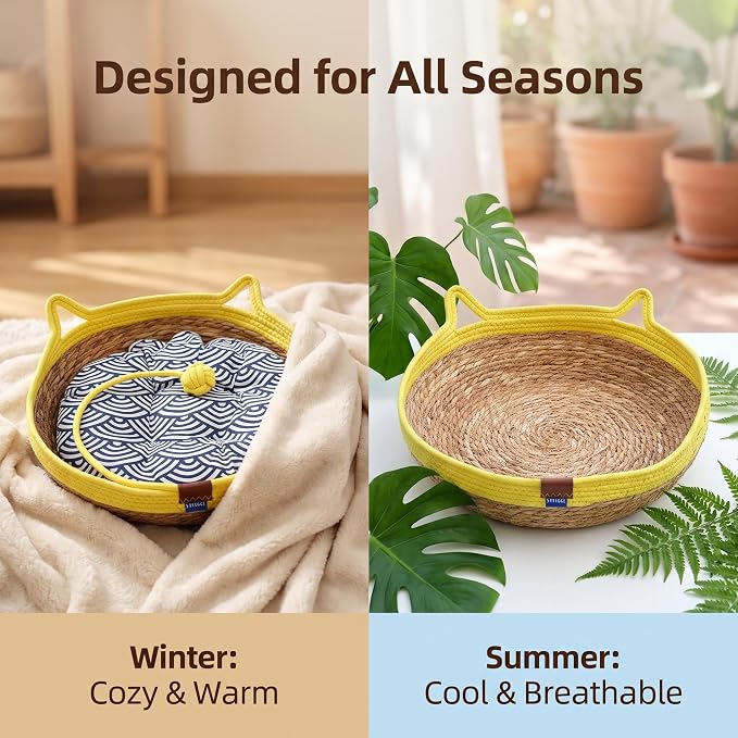 VIVIKIT Natural Cattail Cat Bed for Indoor Cats, 18.1" x 4.7"（Yellow） | Natural cattail, cotton trim, all season, scratch-proof, teaser ball, removable washable pad, for cats & dogs up to 22 lbs