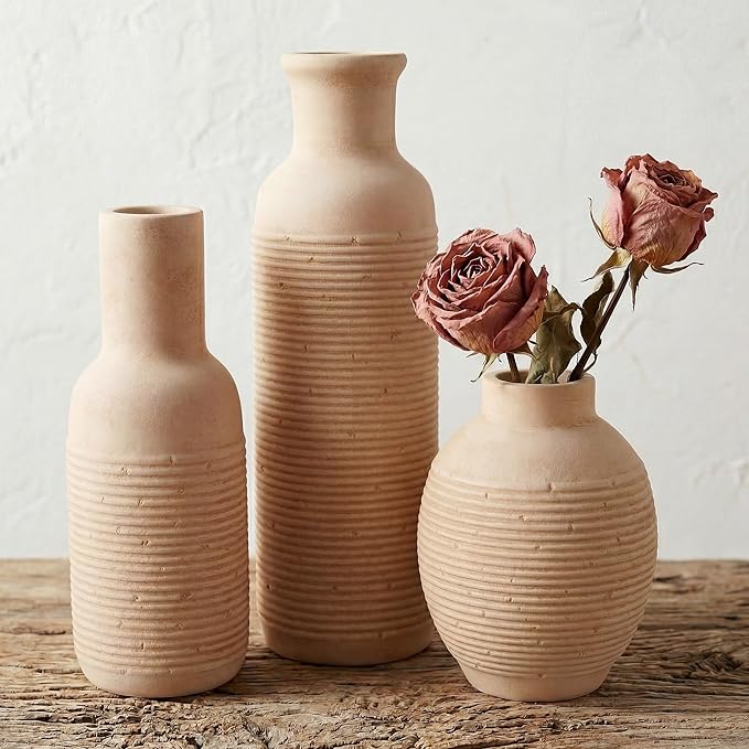 Rustic Farmhouse Vase Set of 3 - Ceramic Decorative Vintage Vases Home Decor - Pampas Grass Dried Fresh Flowers - for Centerpiece, Coffee Table, Mantel Entryway, Living Room, Bedroom (Retro 2)
