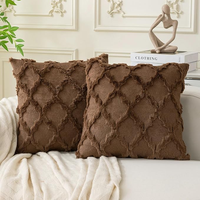 Set of 2 Soft Moroccan Throw Pillow Covers 18x18 Inch Plush Boho Decorative Pillow Cover Accent Cushion Case for Couch Sofa Bed, Deep Brown