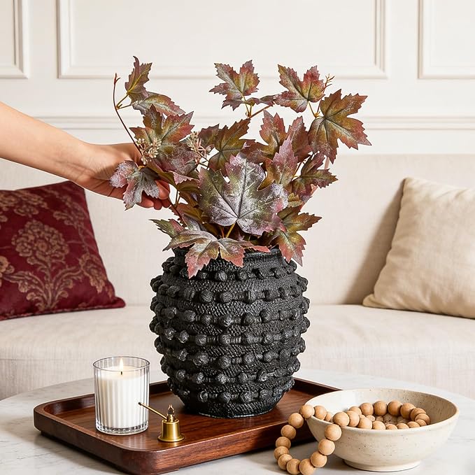 DN DECONATION Rustic Farmhouse Vase, Textured Boho Vase for Home Decor | Black, 8.6 Inch, Cement Decorative Flower Vases with Rope Knots for Living Room, Table Centerpiece, Shelf, Mantel Decoration