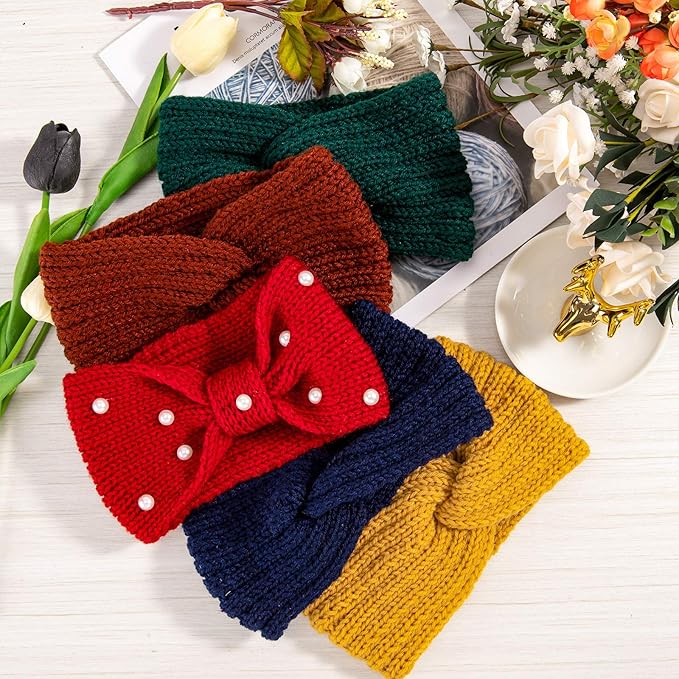 Whaline 5 Pieces Winter Knit Headbands Chunky Knit Headbands,4 Elastic Turban Head Wraps and 1 Pearl Crochet Hair Band, Ear Warmer Crochet Head Wraps for Women Girls (Bright & Dark Colors)