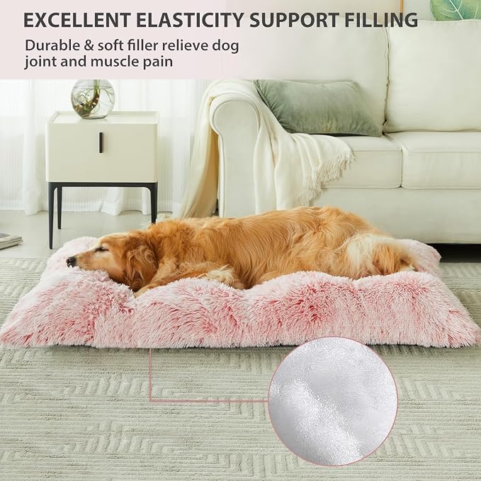 BFPETHOME Dog Bed for Large Dogs, Plush Kennel Pad for Sleeping &Ease Anxiety, Washable Mats with Anti-Slip Bottom - 53 x 36 inch Pink