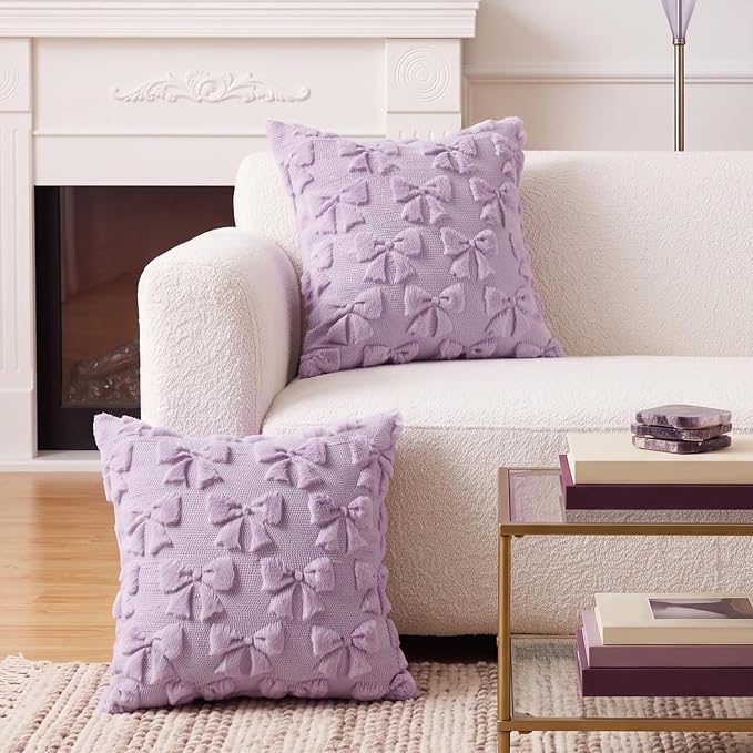 Mixweer Purple Bow Pillow Covers Set of 2 Preppy Room Decor Coquette Cute Spring Summer Decorative Faux Fur Soft Bowknot Stuff Fluffy Plush Aesthetic Pillowcase for Bed Sofa Couch (18 x 18 Inch)