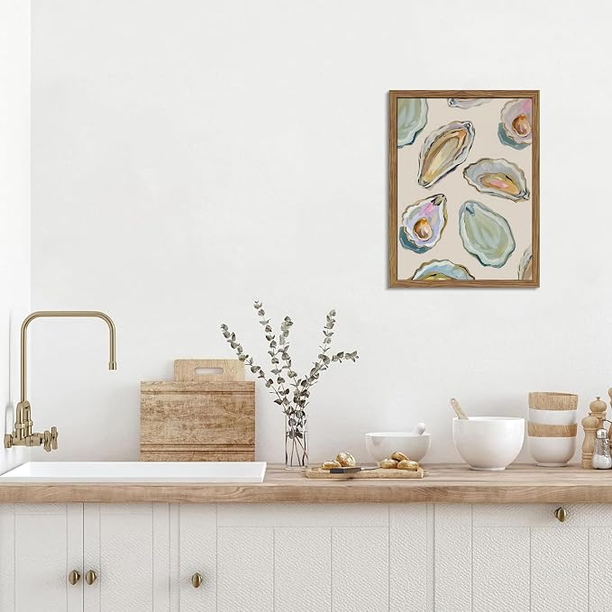 Framed Oyster Shell Canvas Wall Art, Colorful Abstract Wall Art Print, Coastal Beach House Wall Decor, Summer Dining Room Picture Poster, Modern Kitchen Oyster Oil Painting Artwork 16x24 inch