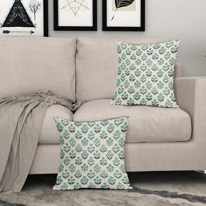 Black Teal Floral Pillow Covers 18x18 Inch Set of 2, Spring Summer Vintage Flower Block Print Pattern Decorative Throw Pillowcases Outdoor Boho Farmhouse Cushion Covers Seasonal Sofa Couch Bed Decor