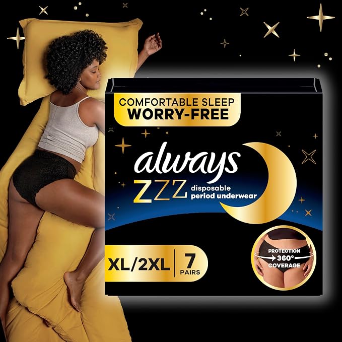 Always ZZZ Overnight Disposable Period Underwear for Women, Large, 360° Coverage for Worry-Free Nights, 14 Count (2 Packs of 7)