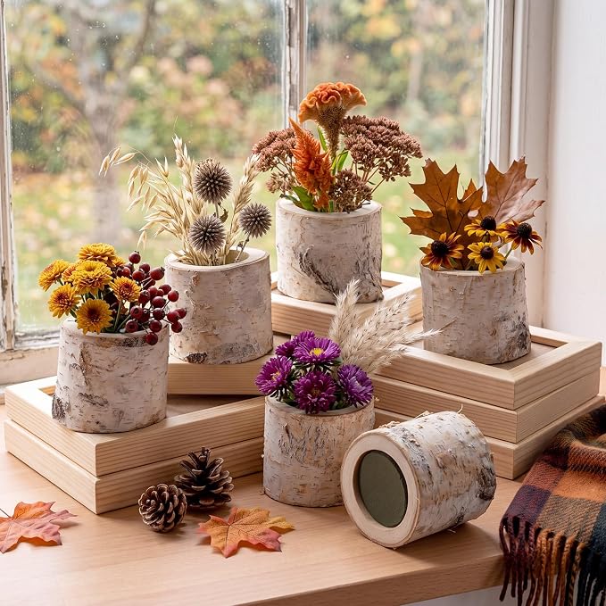 6 Pack Birch Bark Wooden Vase Set with Foam for Wedding Decor | Rustic Flower Planters, Table Centerpieces and Farmhouse Home Decor, Garden Arrangements, Natural Wood Texture Pots