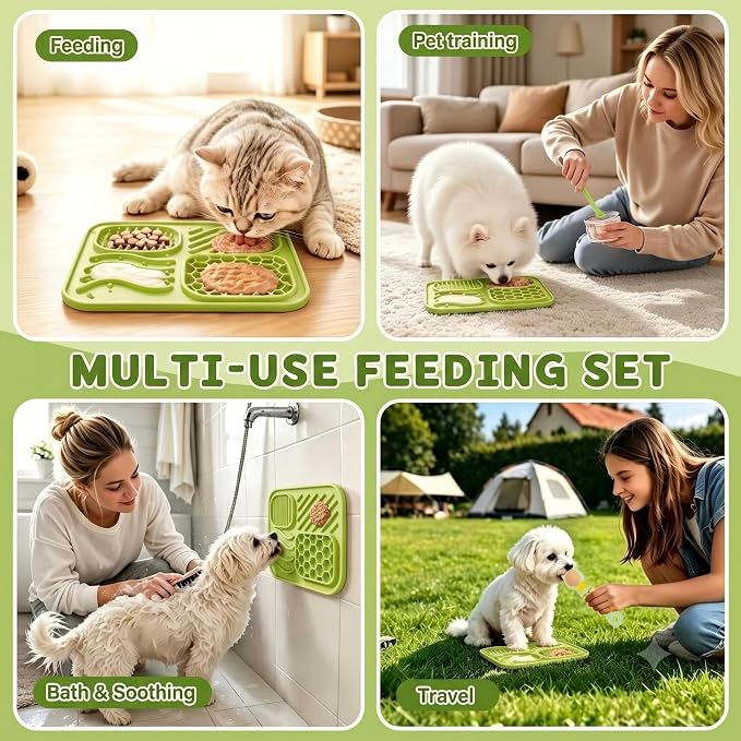 AZY 5-Piece Slow Feeder Cat Bowl Set with Strong Suction Cups | Silicone Lick Mat, Cat Treat Dispenser, Food Spoon & 2 Reusable Can Covers for Wet Food, Whisker-Friendly & Dishwasher Safe