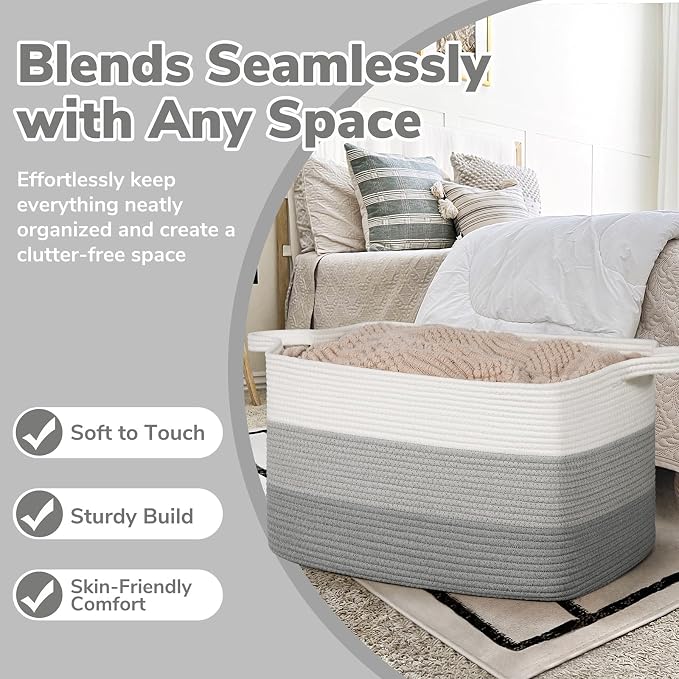 Goodpick Large Woven Rope Blanket Basket, Rectangle, Light Gray | 21.6'' x 14.9'' x 11.8'' Storage Basket for Blankets, Pillows & Toys, Living Room & Nursery Organization, Reinforced Handles