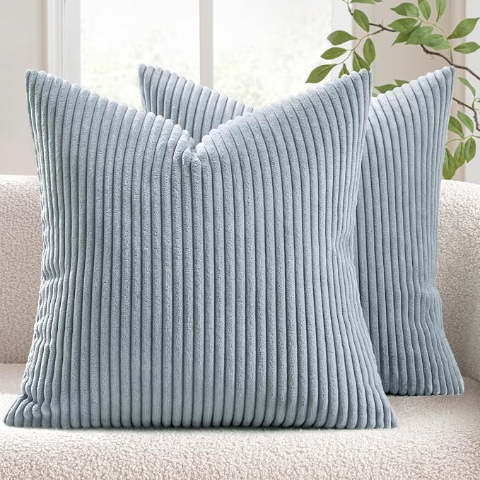 MIULEE Decorative Corduroy Throw Pillow Covers Set of 2 18x18 Dusty Blue | Soft Striped Textured Cushion Cases, Boho Coastal Square Pillowcases for Home Decor, for Couch Chair Sofa Bed Living Room