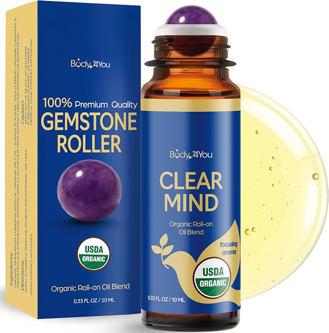 BodyJ4You Focus Essential Oil Blend - Mental Clarity Study Concentration | 100% Pure USDA Organic Jojoba MCT Lavender Frankincense - Clear Mind Roller Ball Roll-On Meditation Wrists - Amber Glass 10ml