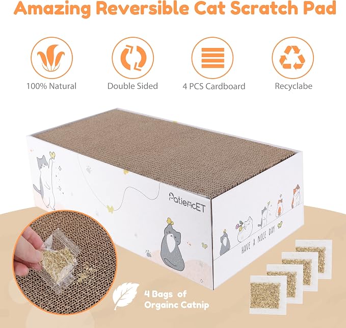PatiencET Cat Scratch Pad with Box, 4 Pack Cardboard Scratcher Lounge Bed | For Indoor Cats, Reversible Corrugated Scratching Board Refill, With Catnip, Furniture Protector