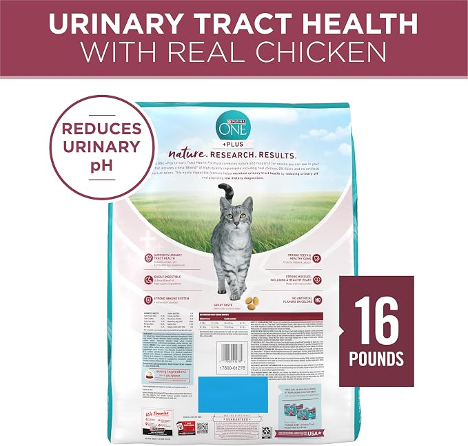Purina ONE High Protein Urinary Tract Health Dry Cat Food, 16 lb Bag | Made with real chicken, no artificial flavors or colors. Low-magnesium formula balances pH and boosts immune defense