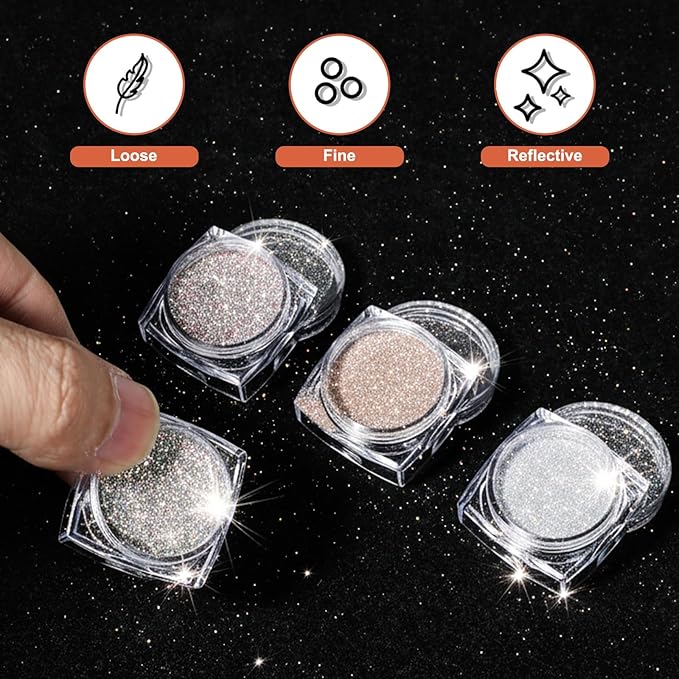 4PCS Diamond Dust Glitter, Sparkling Nail Powder for Crafts, 4 Colors Korean Gel Nail Polish, Holographic & Translucent Setting Powder Kit for Nails Art Supplies Party Wedding