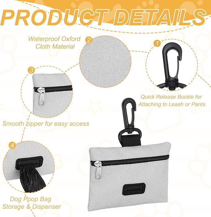 Dog Poop Bag Holder, Pet Waste Bag Dispenser Dog Treat Pouch with Clip Oxford Cloth Portable Reusable Easy Cleanup(2Pcs, Gray), Intended for Outdoor/Travel/Walking
