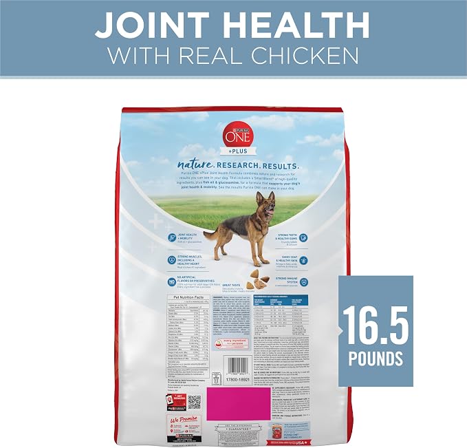Purina ONE Plus Joint Health Dry Dog Food, Chicken, 16.5 lb Bag | Natural dog food with added vitamins, minerals & nutrients, with glucosamine & fish oil to support joint health and mobility