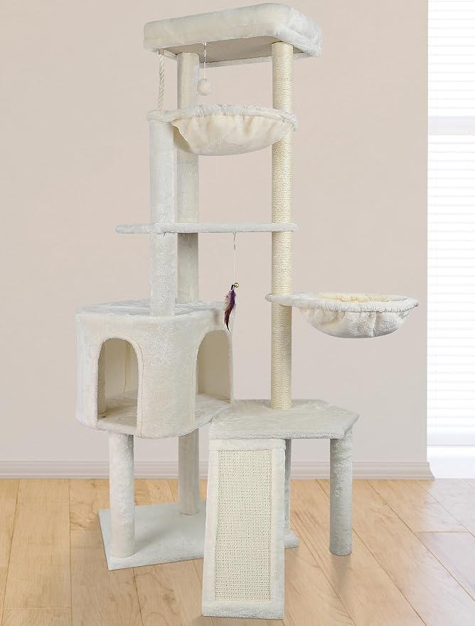 Wang Xin Four Layer Big Cat Tree with Huge Cat Condo and Two Hammocks Scratch Pad,Beige