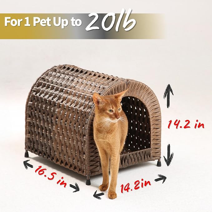 Handwoven Wicker Cat Bed for Cats up to 20 lb, 14.2" H × 14.2" W × 16.5" D | Dome shaped hideaway for cats to feel safe. Woven wicker and raised base for airflow. Natural furniture look. Rinse clean.