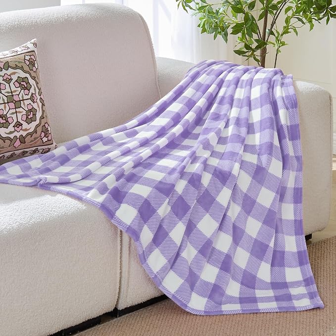 BEDELITE Plaid Fleece Throw Blanket, Purple & White Buffalo 60x80 Inches | 100% Polyester Microfibe, Soft Cozy, Lightweight Warm, Classic Buffalo Plaid, Room Decor, Gift for Women Girls, for Couch Bed
