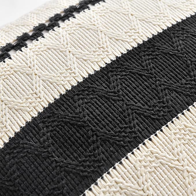 Fancy Homi Set of 2 Boho Black Euro Decorative Throw Pillow Cover 26x26 Inch for Couch Bed Bedroom, Aesthetic Modern Organic Farmhouse Room Decor, Soft Cotton Accent Macrame Woven Cushion Case