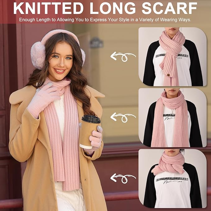 Yusongirl Winter Women Scarf Gloves Beanie Ear Muffs Socks Set Cold Weather Warm Knit Hat Fleece Long Neck Warmer 5 in 1 Set