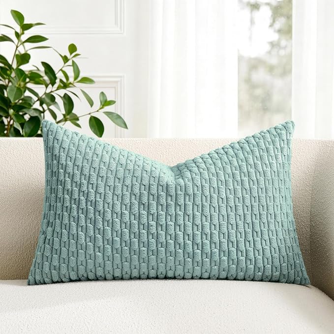 Kevin Textile Soft Corduroy 12"x20" Lumbar Pillow Cover 1 Pack, Dusty Green | Boho Stripe Plush Corduroy Decorative Oblong Cushion Cover Modern Farmhouse Home Decor for Sofa Couch Bed Chair