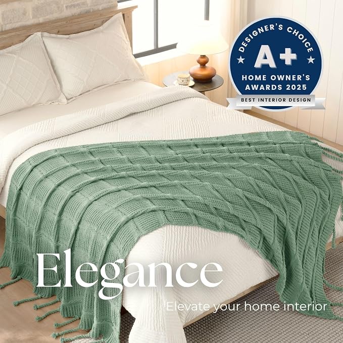 Boho Knitted Chenille Blanket with Tassels - Lightweight & Soft All-Season Throw - 3D Classic Pattern for Living Room Bedroom Couch, Sage Green, King 90"x108"