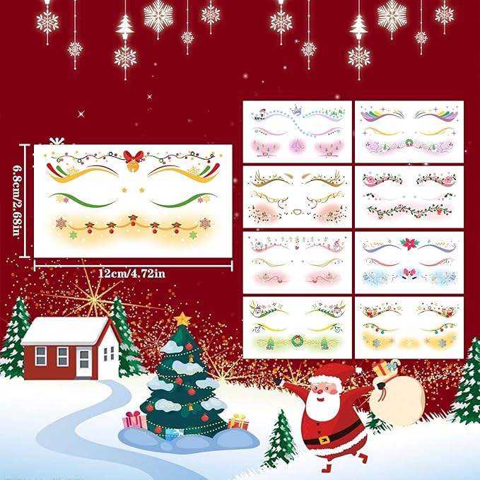 Christmas Temporary Tattoos Snowflake Bow Bell Blush Face Tattoos Mixed Styles Cartoon Santa Claus Eye Fake Tattoos Cute Stickers Waterproof Face Stickers for Girls Body Art Makeup 10 Sheets