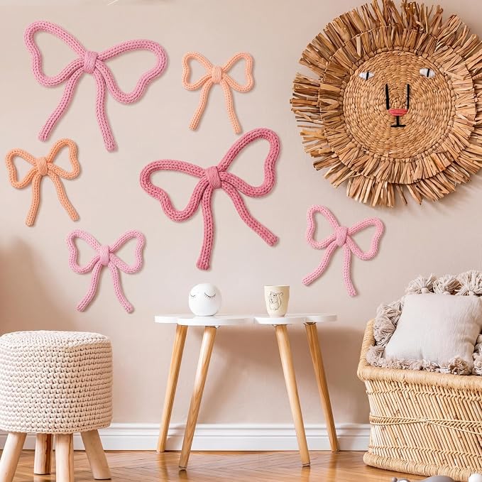Barydat 6 Pcs Pink Bow Wall Decor Coquette Bow Nursery Decoration Room Decor Woven Macrame Wall Hanging 2 Size Boho Pink Preppy Decoration for Nursery Dorm Girls Room Art