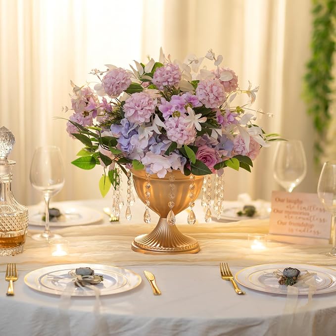 Sziqiqi Gold Urn Vase for Wedding with Crystal Beads, Compote Vase, 10Pcs | 8.6in Tall Metal Large Flower Arrangements, Pedestal Footed Bowl Planter, For Wedding, Party, Event, Birthday, Home Decor