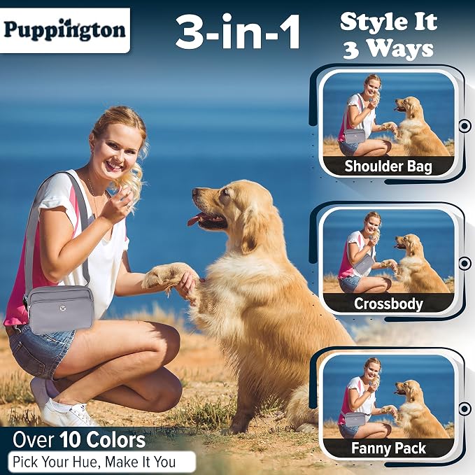 Puppington 3-in-1 Crossbody Dog Walking Bag & Treat Pouch with Matching Planet Safe Poop Bags & Built-In Dispenser - Zippered Pockets (Charcoal Gray)
