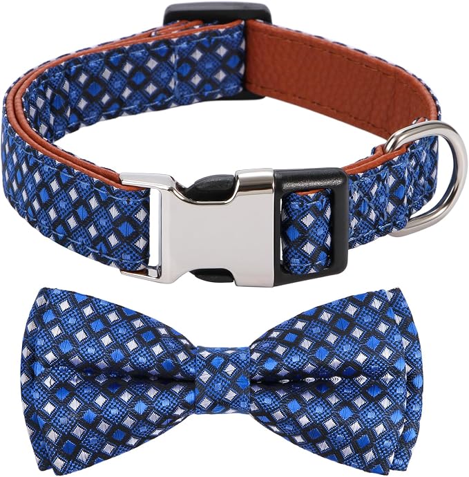 Bowtie Dog Collar Argyle Dark Blue Bow Tie for Boy Girl Dogs Small
